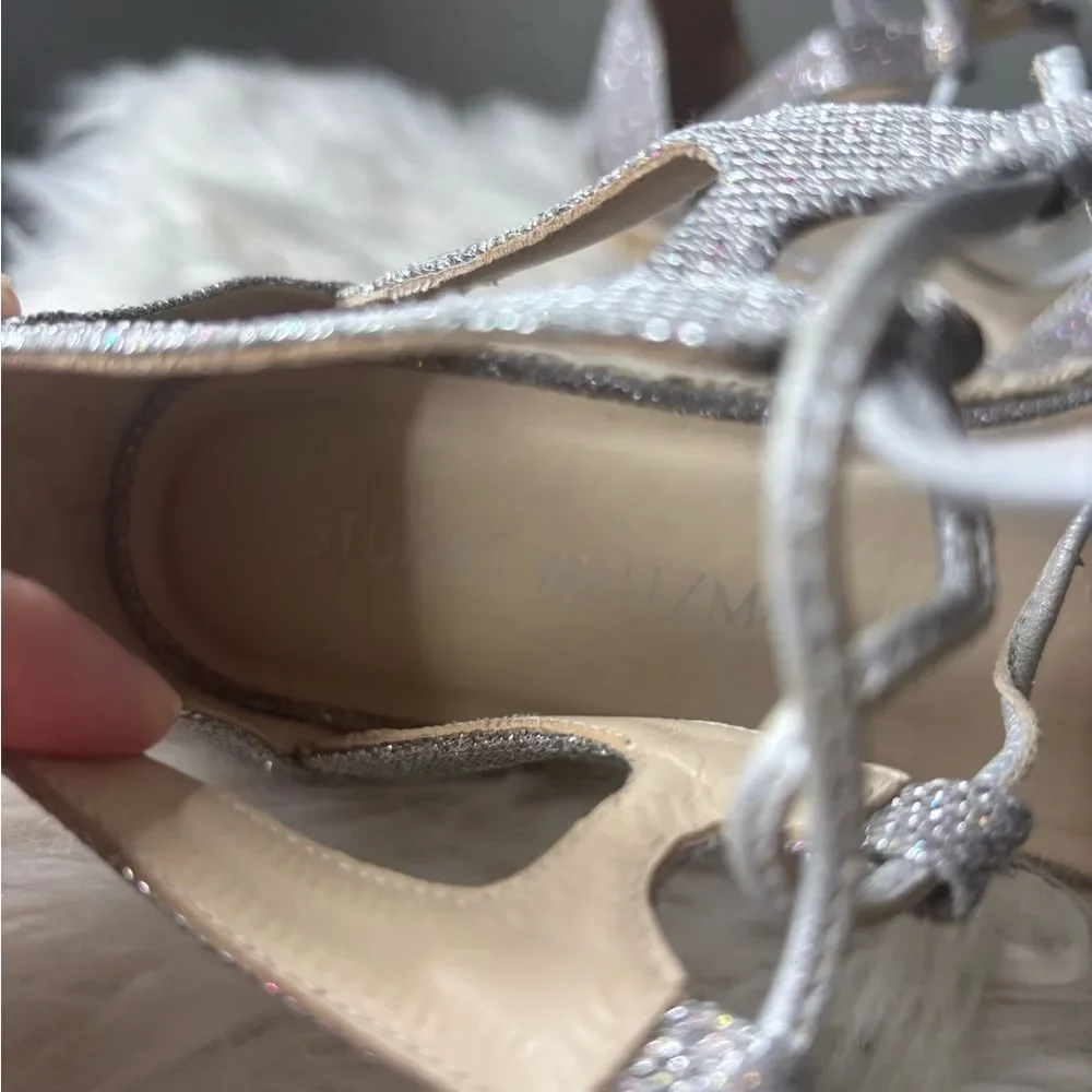Stuart Weitzman 7 Walkmyway Silver sparkle Espadrille Flats wrap up wedding shoe